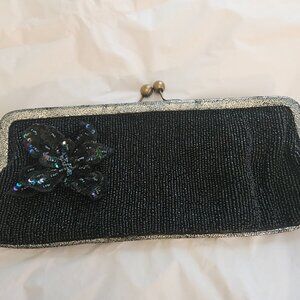 Betsey Johnson Beaded Clutch, Flower Detail, Kiss Clasp